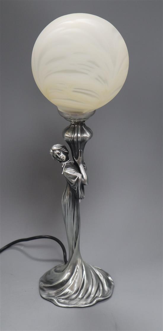 A WMF style lamp base and shade, in the form of a lady height 49cm